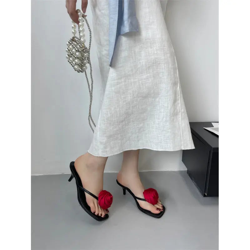White European and American Summer fashion stiletto thong sandals with floral design and elegant high heels by SHOPEZRA L.L.C.