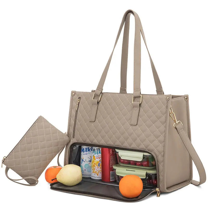 Stylish insulated lunch bag for women featuring spacious compartments for lunch and snacks.