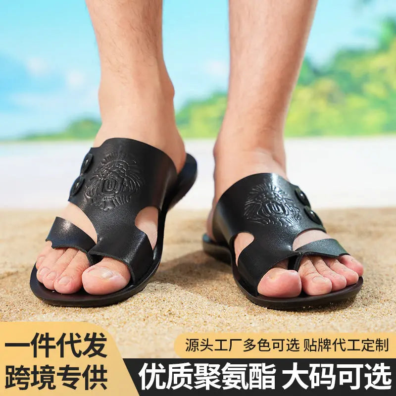Large white men's cross-border embossed thong sandals with soft, non-slip soles, ideal for outdoor beach wear, from SHOPEZRA L.L.C.