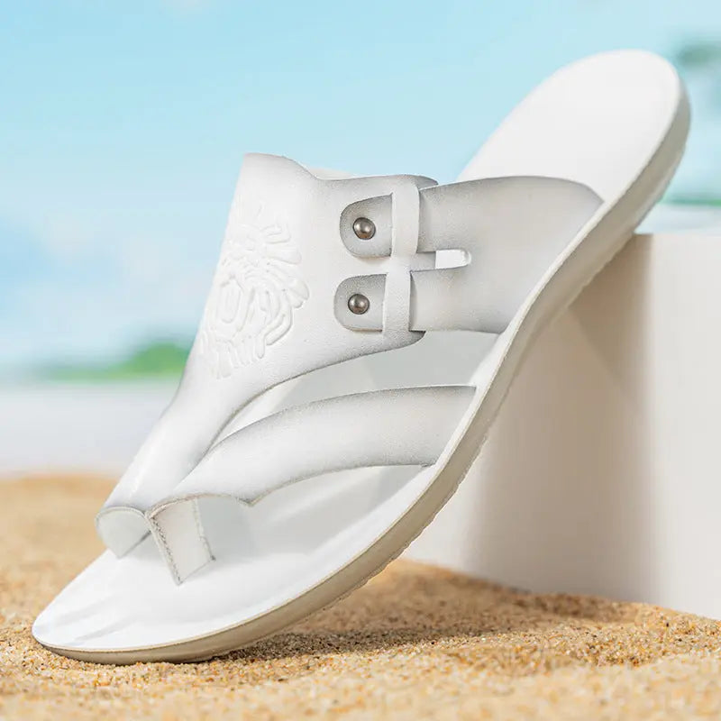 Large white men's cross-border embossed thong sandals with soft soles and non-slip bottoms, ideal for outdoor beach wear.
