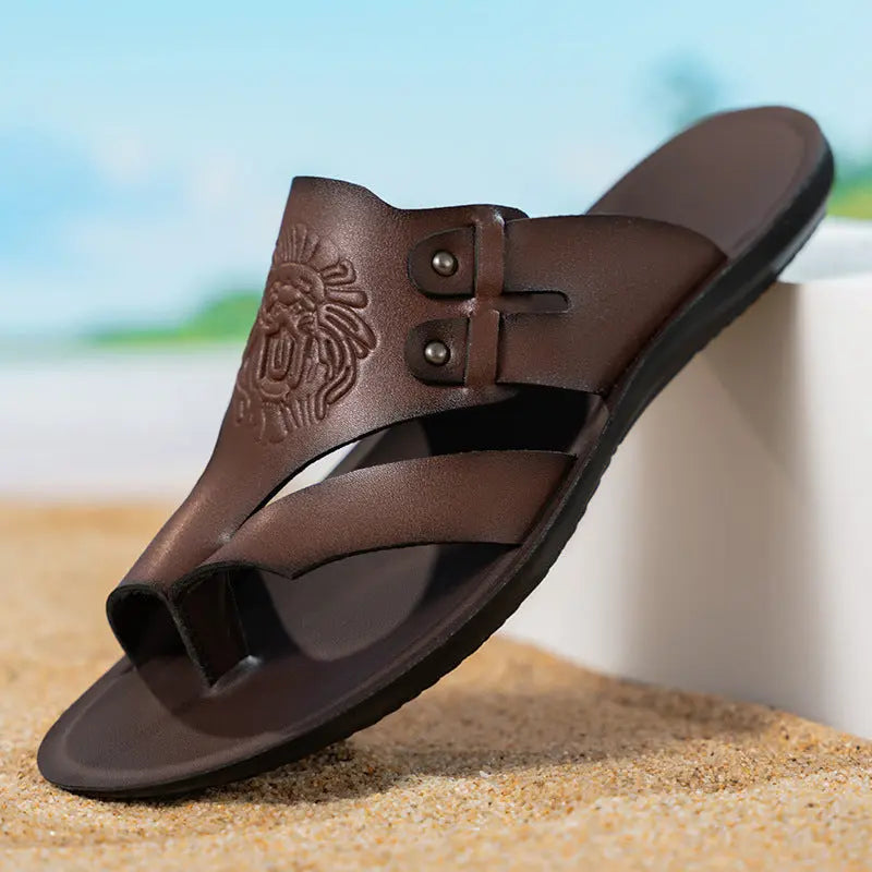 White men's cross-border embossed thong sandals with soft soles and non-slip bottom, ideal for outdoor beach wear.