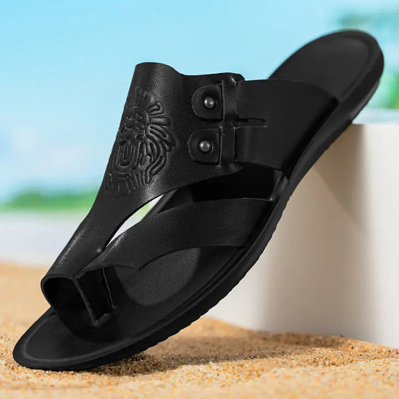 Large white men's cross-border embossed thong sandals with soft, non-slip soles, ideal for outdoor beach wear.