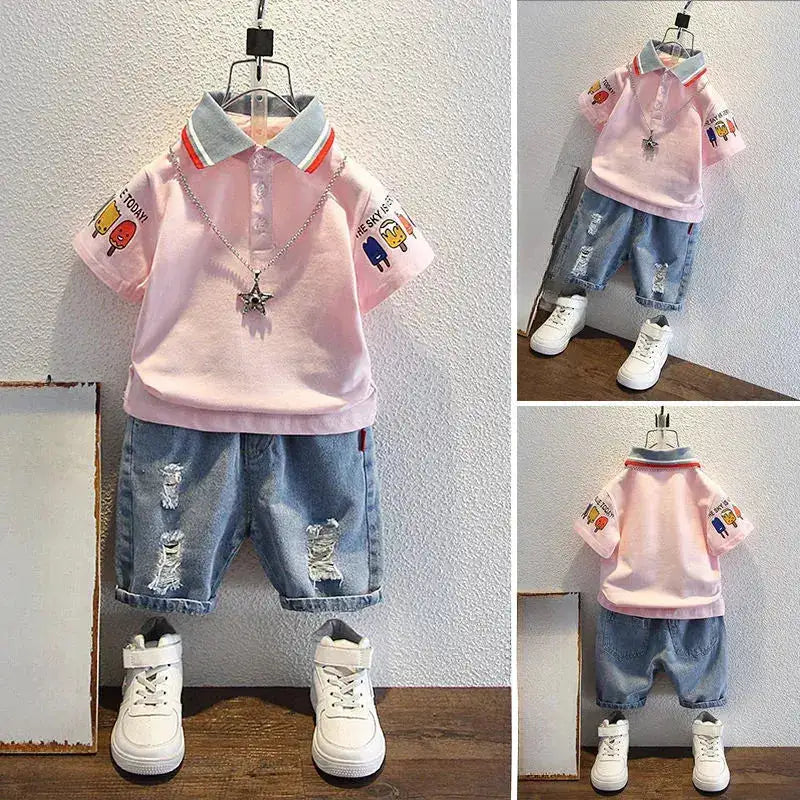 2-10 Years Kids Boys Clothes Set Summer Short Sleeve Cartoon Print Lapel T-shirt And Denim Shorts 2PCS Children Tracksuit Outfit by Dropshipman