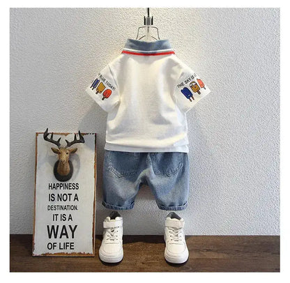 2-10 Years Kids Boys Clothes Set Summer Short Sleeve Cartoon Print Lapel T-shirt And Denim Shorts 2PCS Children Tracksuit Outfit by Dropshipman