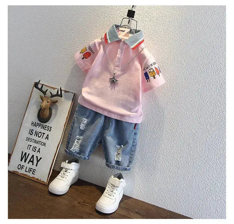 2-10 Years Kids Boys Clothes Set Summer Short Sleeve Cartoon Print Lapel T-shirt And Denim Shorts 2PCS Children Tracksuit Outfit by Dropshipman
