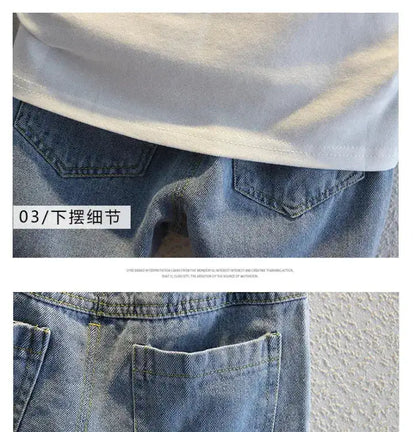 2-10 Years Kids Boys Clothes Set Summer Short Sleeve Cartoon Print Lapel T-shirt And Denim Shorts 2PCS Children Tracksuit Outfit by Dropshipman