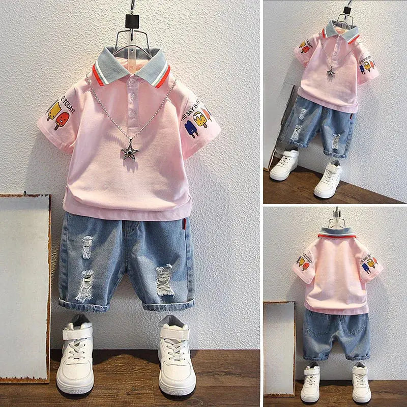 Kids boys summer clothing set with short sleeve cartoon print lapel T-shirt and denim shorts, ideal for ages 2-10.