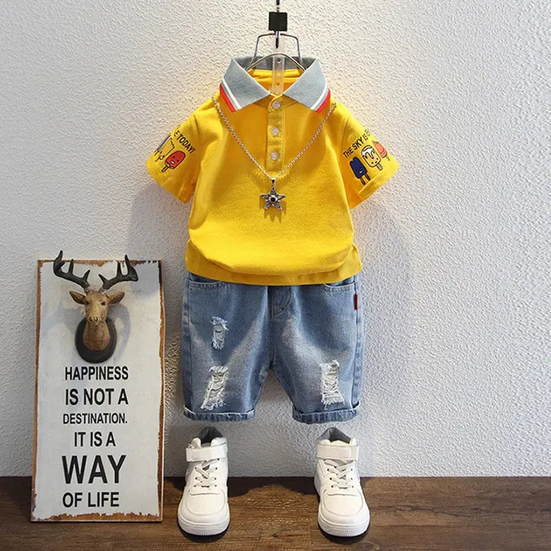 Kids boys summer clothes set with cartoon print T-shirt and denim shorts, short sleeve lapel design, suitable for ages 2-10 years.