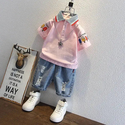 2-10 Years Kids Boys Clothes Set Summer Short Sleeve Cartoon Print Lapel T-shirt And Denim Shorts 2PCS Children Tracksuit Outfit by Dropshipman