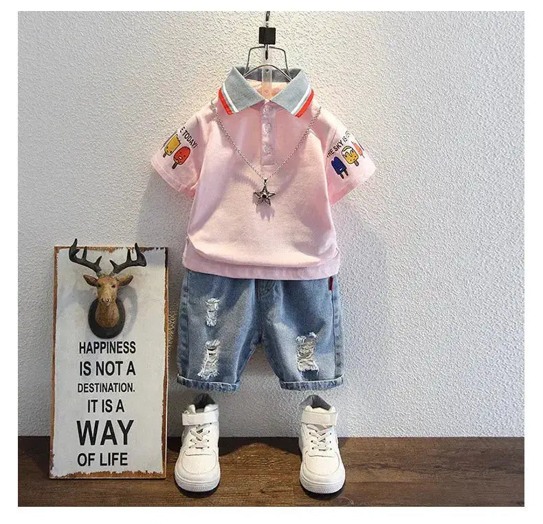 2-10 Years Kids Boys Clothes Set Summer Short Sleeve Cartoon Print Lapel T-shirt And Denim Shorts 2PCS Children Tracksuit Outfit by Dropshipman