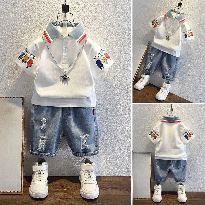 Kids boys summer outfit set with cartoon print lapel T-shirt and denim shorts, ages 2-10, casual 2-piece tracksuit by SHOPEZRA L.L.C.