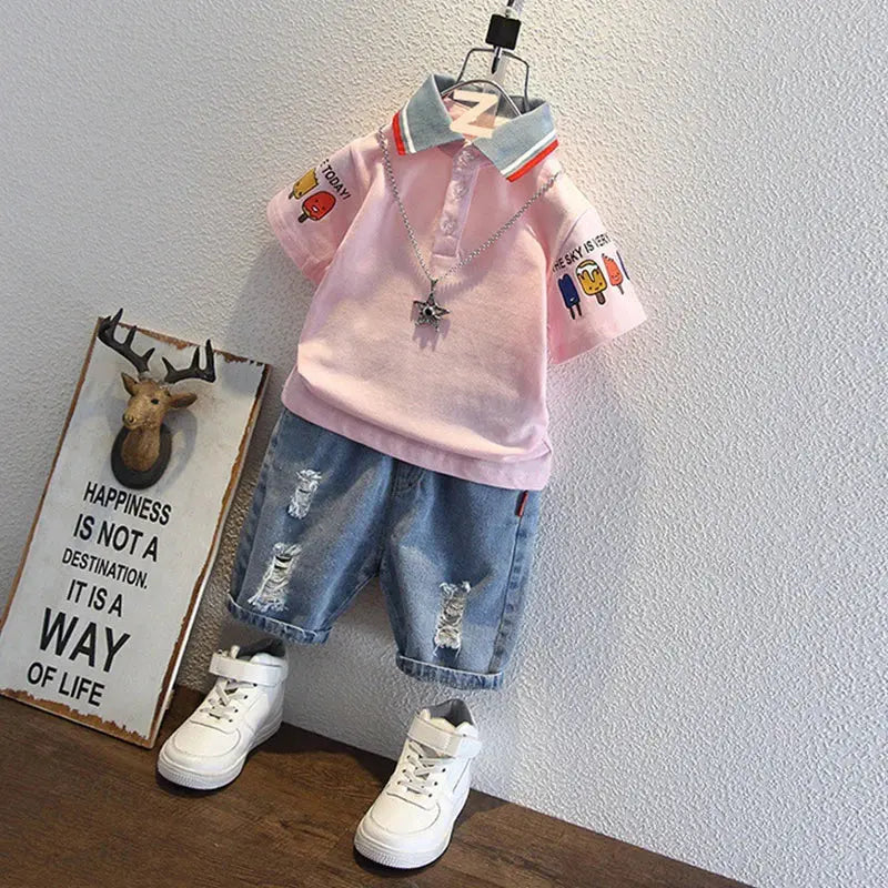 Kids boys summer clothes set with cartoon print short sleeve lapel T-shirt and denim shorts, 2-piece children’s tracksuit outfit.