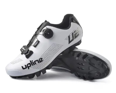 Taiwan UPLINE cycling shoes in white color with stylish design and self-locking feature for road and mountain biking.