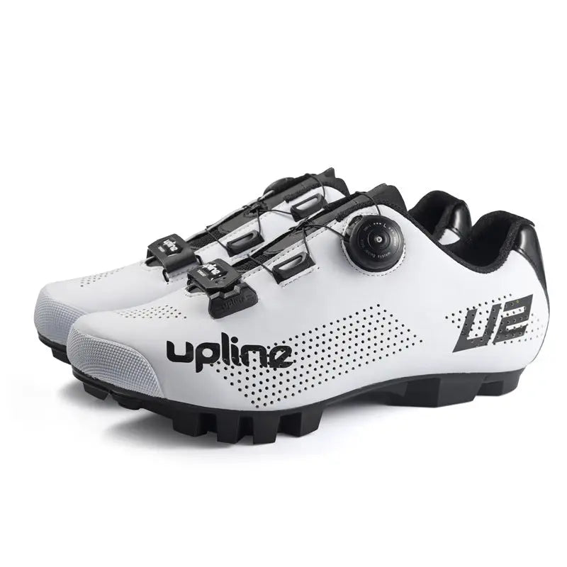 White Taiwan UPLINE cycling shoes by SHOPEZRA L.L.C. designed for road and mountain biking, featuring a sleek lightweight look.