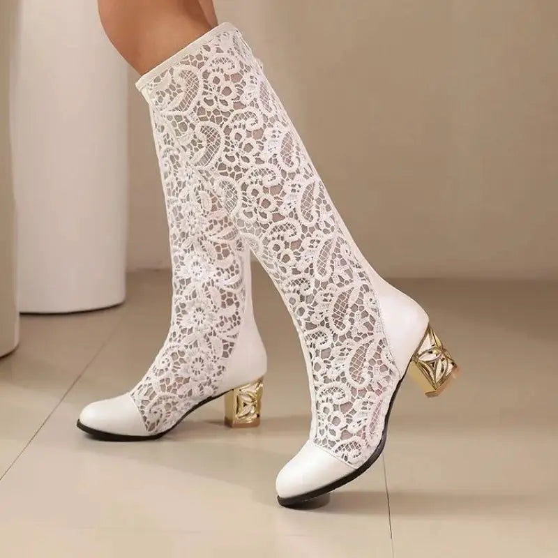 Spring and Autumn New Style Fashion square Heel Mesh Hollow Women&