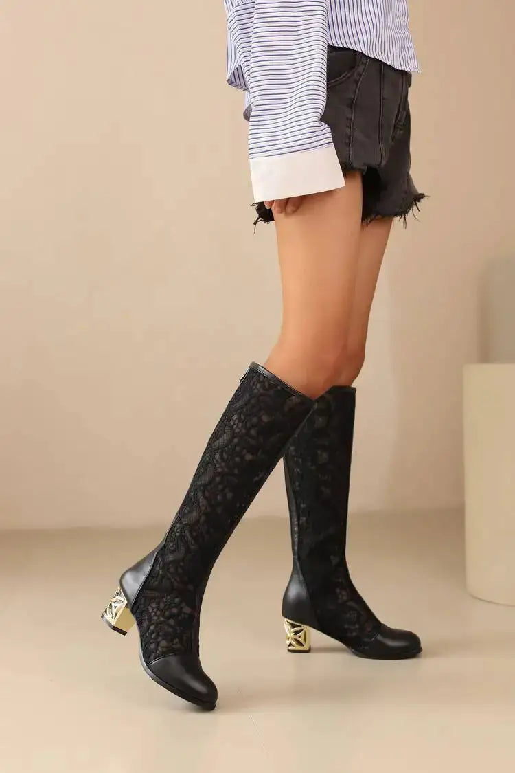 Spring and Autumn New Style Fashion square Heel Mesh Hollow Women&