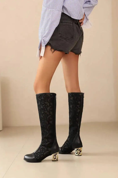 Spring and Autumn New Style Fashion square Heel Mesh Hollow Women&