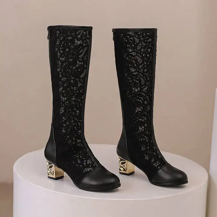 Spring and Autumn New Style Fashion square Heel Mesh Hollow Women&