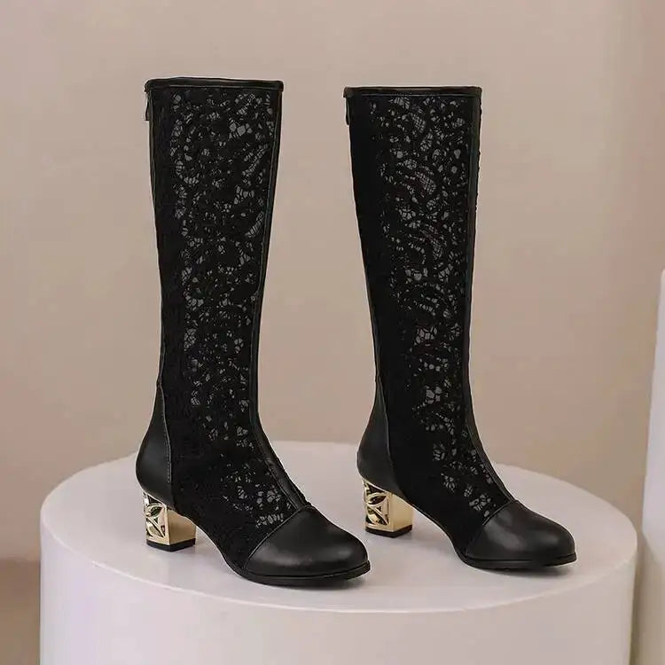 Spring and Autumn New Style Fashion square Heel Mesh Hollow Women&