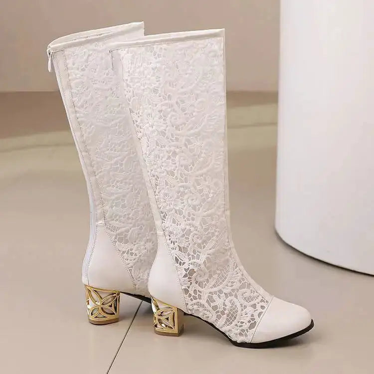 Spring and Autumn New Style Fashion square Heel Mesh Hollow Women&