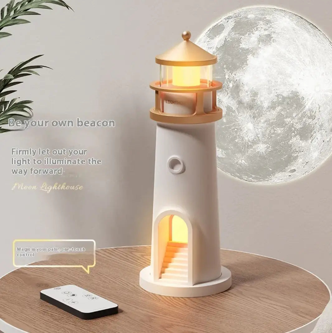 Lighthouse moonlight night lamp on a wooden table, casting a soft glow, creating a calming atmosphere.