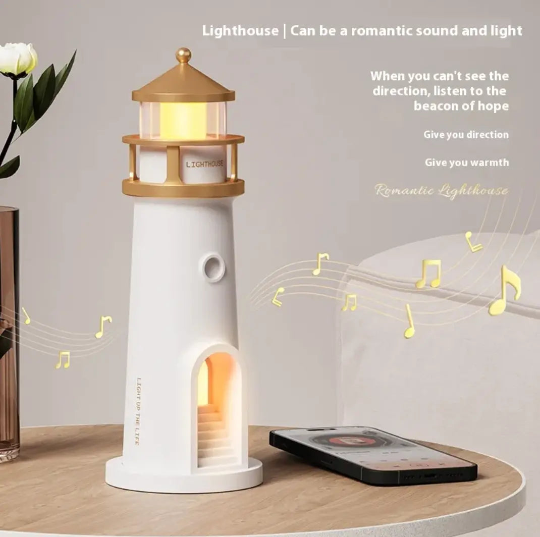 Creative lighthouse moonlight night lamp with romantic sound and light features, providing a calming atmosphere.