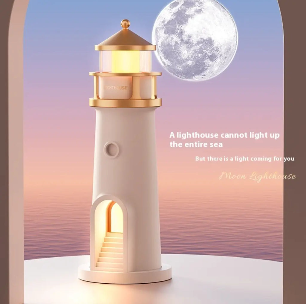 White lighthouse-shaped Bluetooth moonlight night lamp by SHOPEZRA L.L.C. emitting a soft glow, ideal for ambient lighting.
