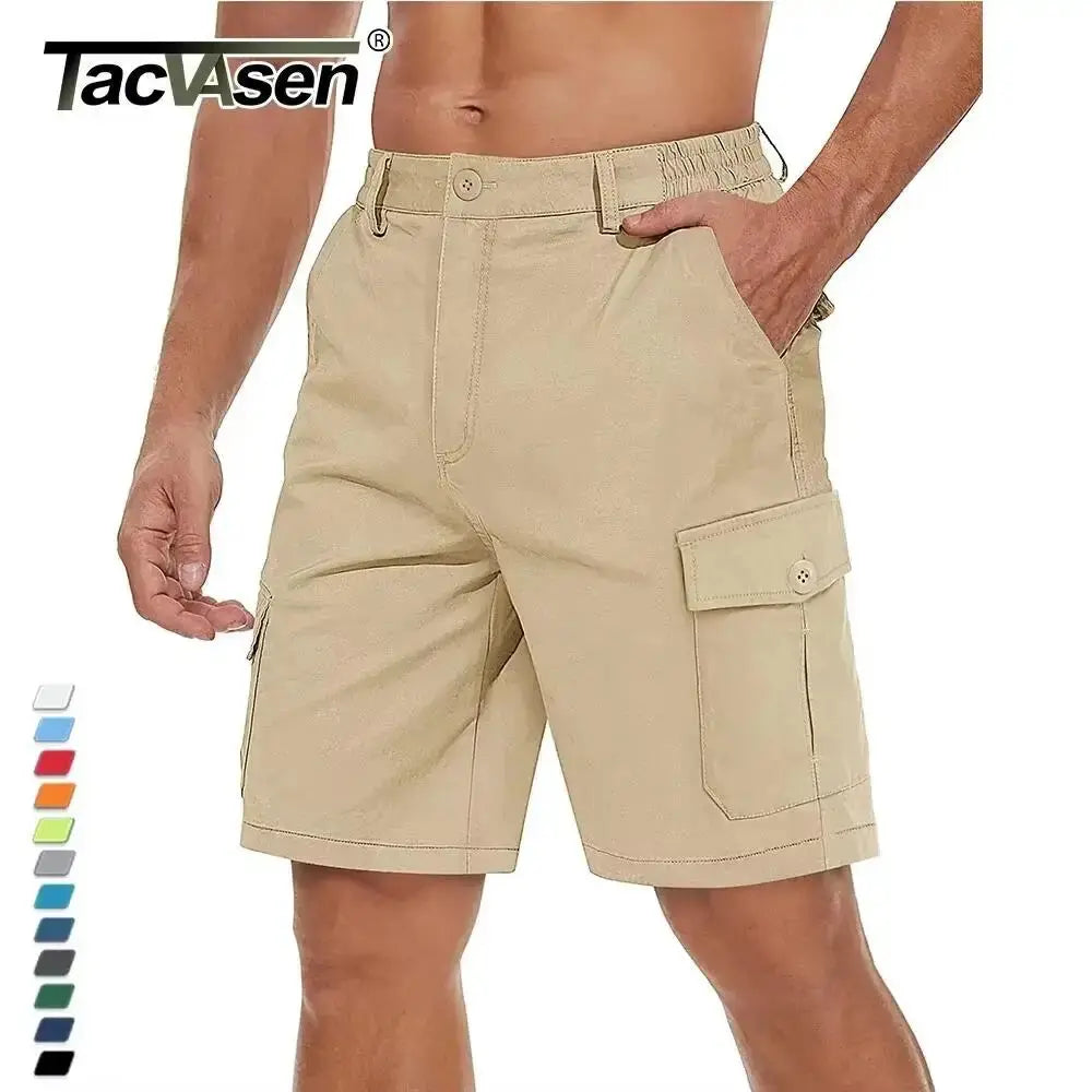 Men's breathable cotton cargo shorts by TACVASEN featuring multiple pockets, twill fabric, ideal for casual outdoor hiking and camping.