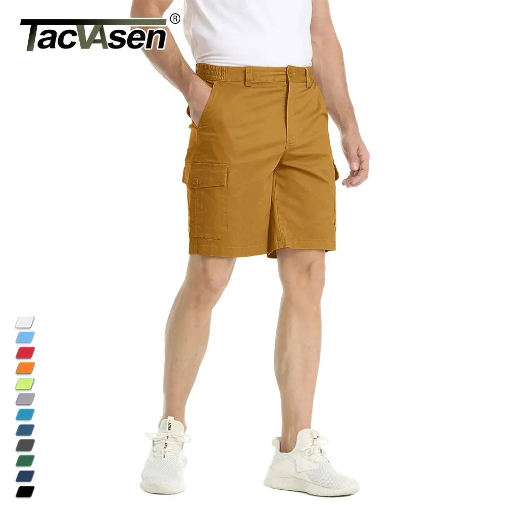 Men's TACVASEN breathable cotton cargo shorts with multiple pockets, casual twill design, suitable for hiking, camping, and outdoor activities.