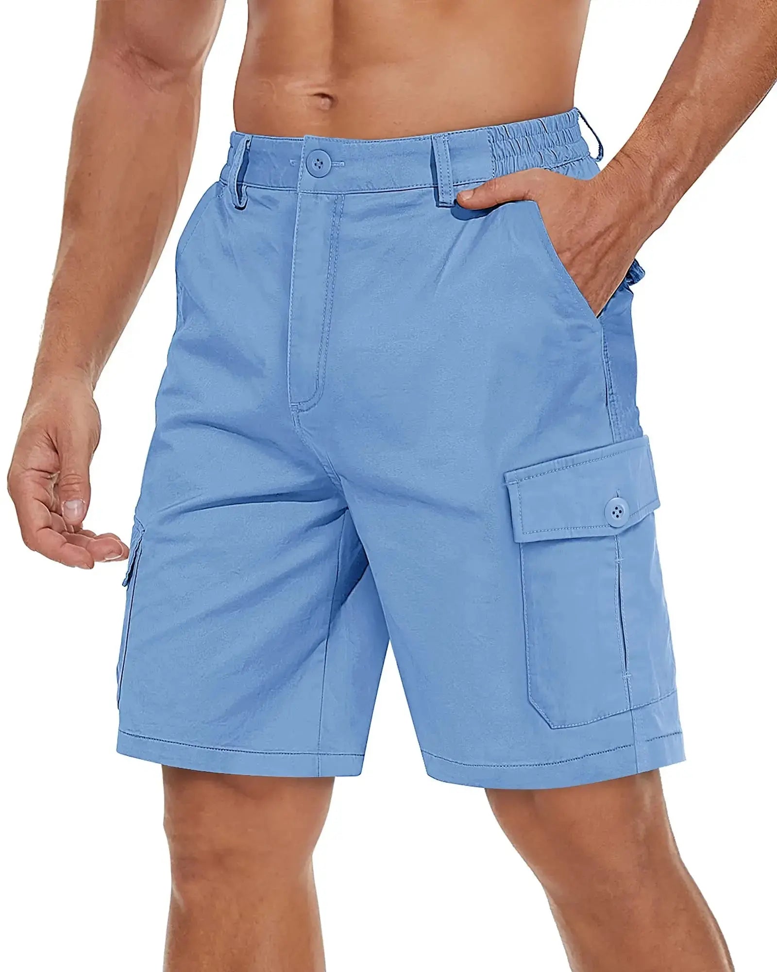 Men's breathable cotton cargo shorts with multiple pockets, casual twill design, suitable for hiking and outdoor activities.