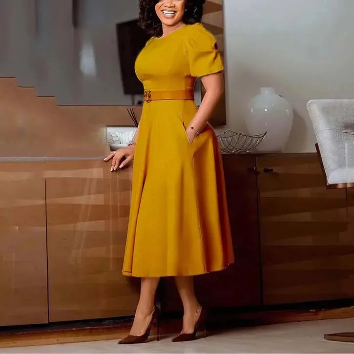 Elegant women's office dress by SHOPEZRA L.L.C. with O-neck, short sleeves, belt, and A-line midi length for professional work wear.