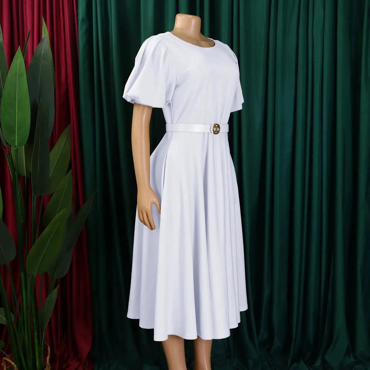 Elegant Office Dress for Women Professional O Neck Short Sleeve Belt Waisted A Line Mid Calf Formal Business Work Dress Midi New by Dropshipman