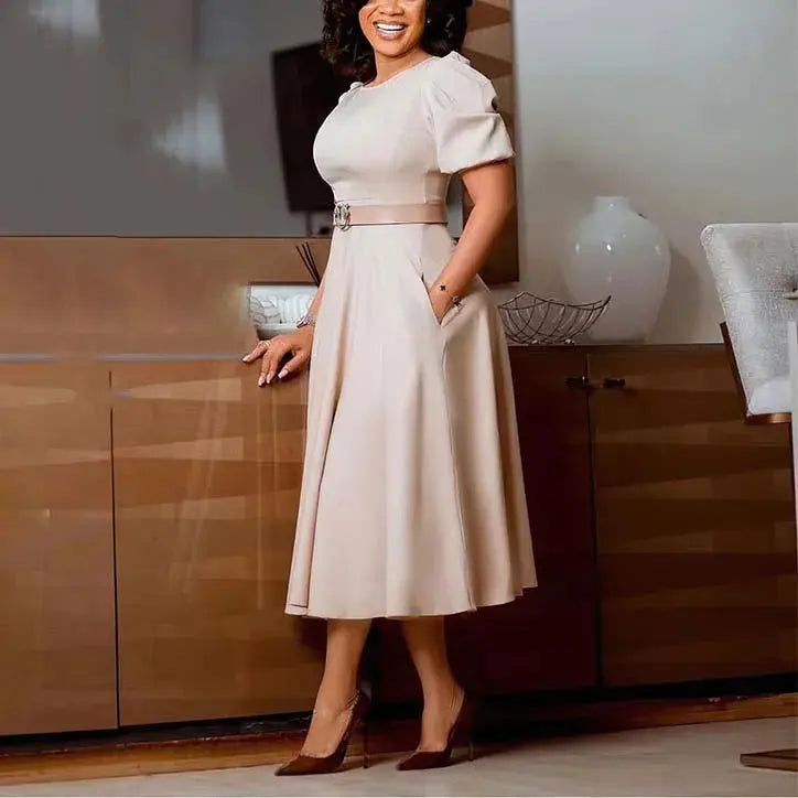 Elegant white office dress for women by SHOPEZRA L.L.C., with O-neck, short sleeves, belt, A-line midi length, formal business style.