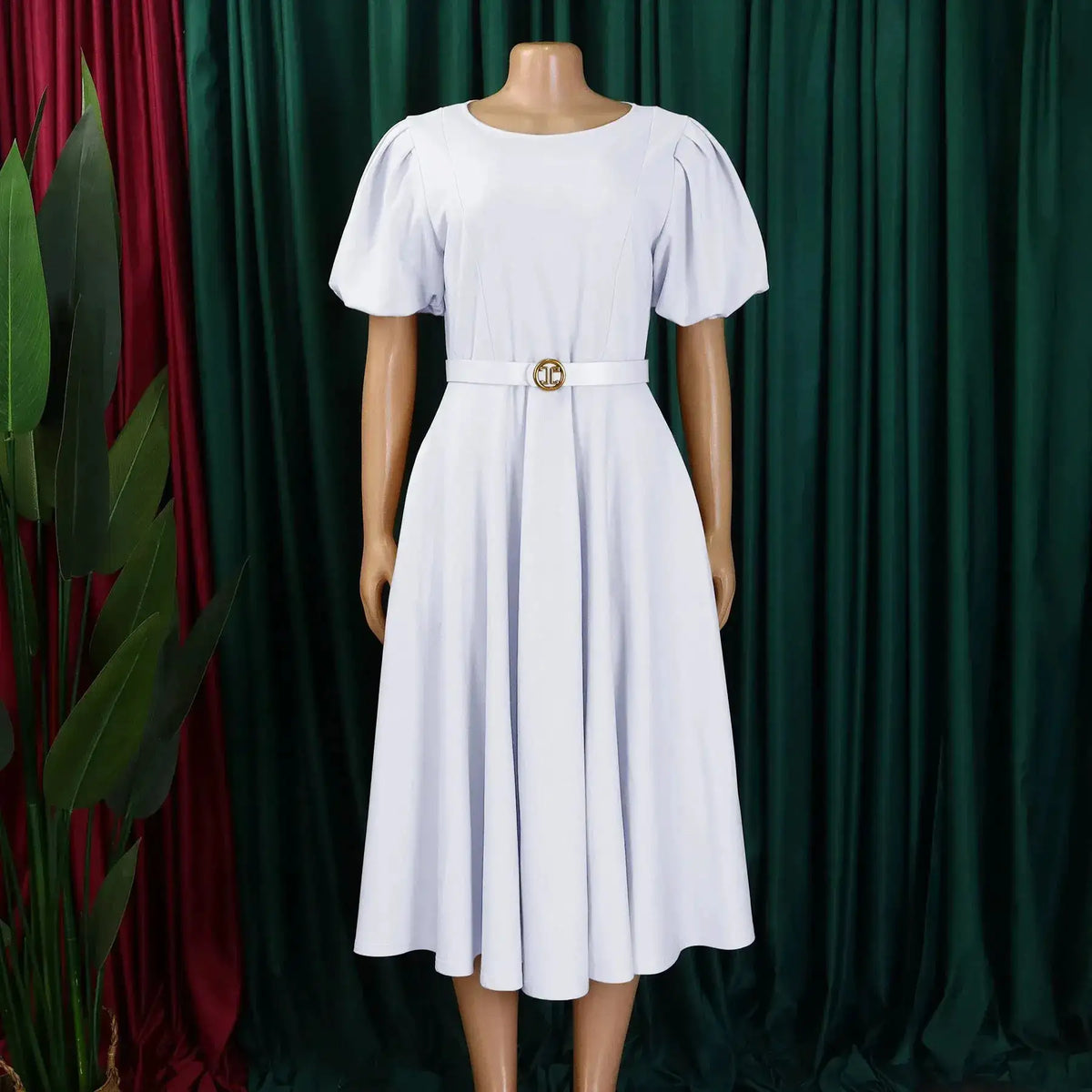 Elegant Office Dress for Women Professional O Neck Short Sleeve Belt Waisted A Line Mid Calf Formal Business Work Dress Midi New by Dropshipman