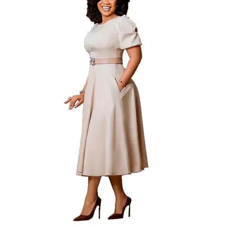 Elegant Office Dress for Women Professional O Neck Short Sleeve Belt Waisted A Line Mid Calf Formal Business Work Dress Midi New by Dropshipman