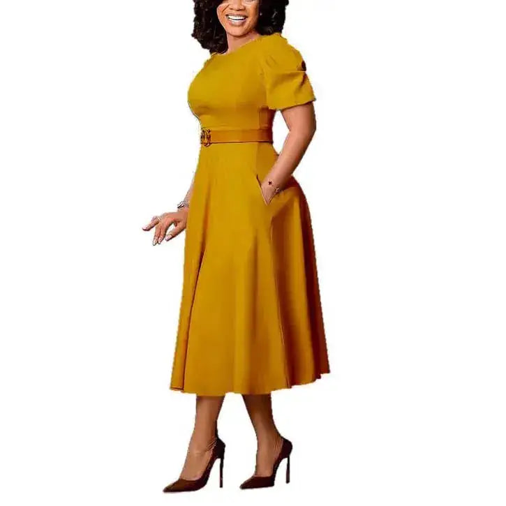 Elegant Office Dress for Women Professional O Neck Short Sleeve Belt Waisted A Line Mid Calf Formal Business Work Dress Midi New by Dropshipman