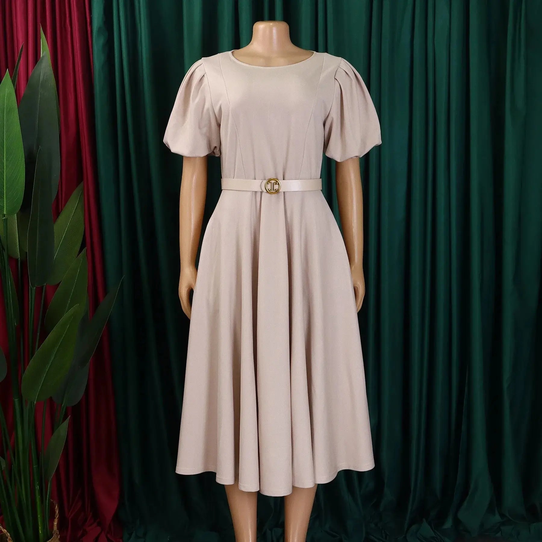 Elegant white office dress for women by SHOPEZRA L.L.C., with O-neck, short sleeves, belt, A-line waist, mid-calf length, formal style.