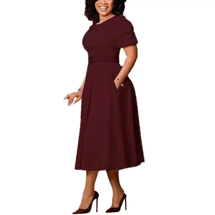 Elegant Office Dress for Women Professional O Neck Short Sleeve Belt Waisted A Line Mid Calf Formal Business Work Dress Midi New by Dropshipman