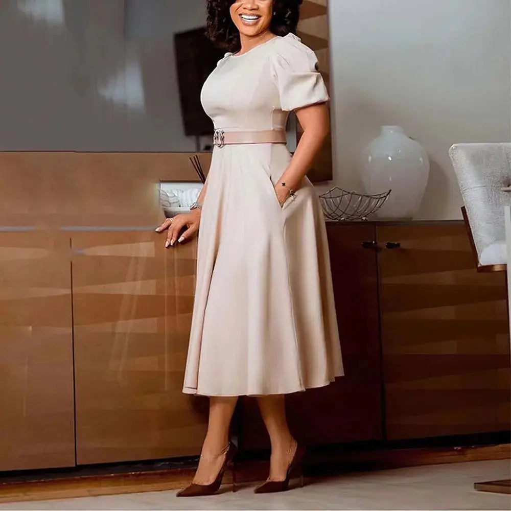 Elegant white office dress for women by SHOPEZRA L.L.C., O-neck, short sleeves, belt waist, A-line, midi length, formal business wear.