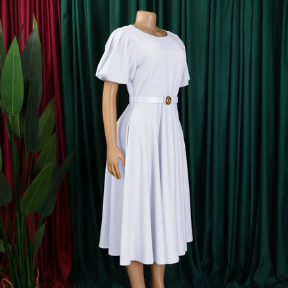 Elegant Office Dress for Women Professional O Neck Short Sleeve Belt Waisted A Line Mid Calf Formal Business Work Dress Midi New by Dropshipman