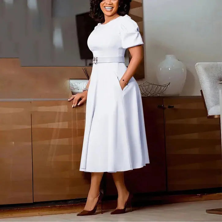 Elegant white office dress for women with O-neck, short sleeves, belt waist, A-line midi length, suitable for professional business wear.