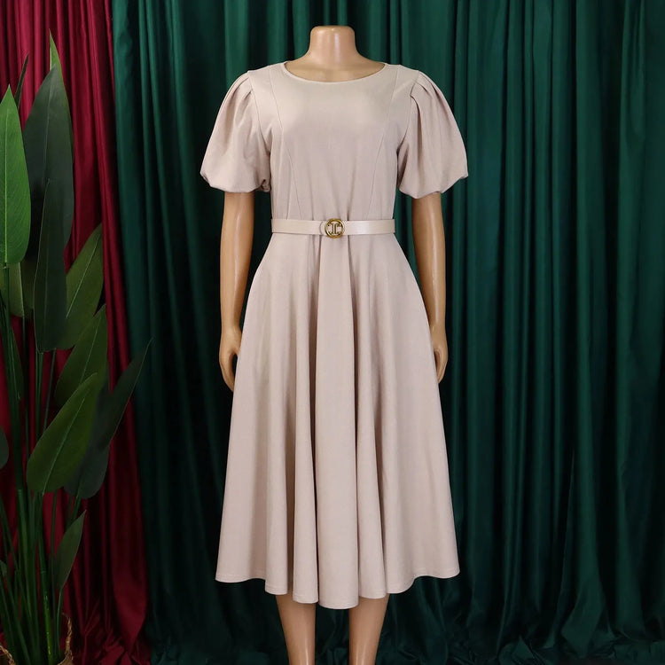 Elegant Office Dress for Women Professional O Neck Short Sleeve Belt Waisted A Line Mid Calf Formal Business Work Dress Midi New SHOPEZRA L.L.C.