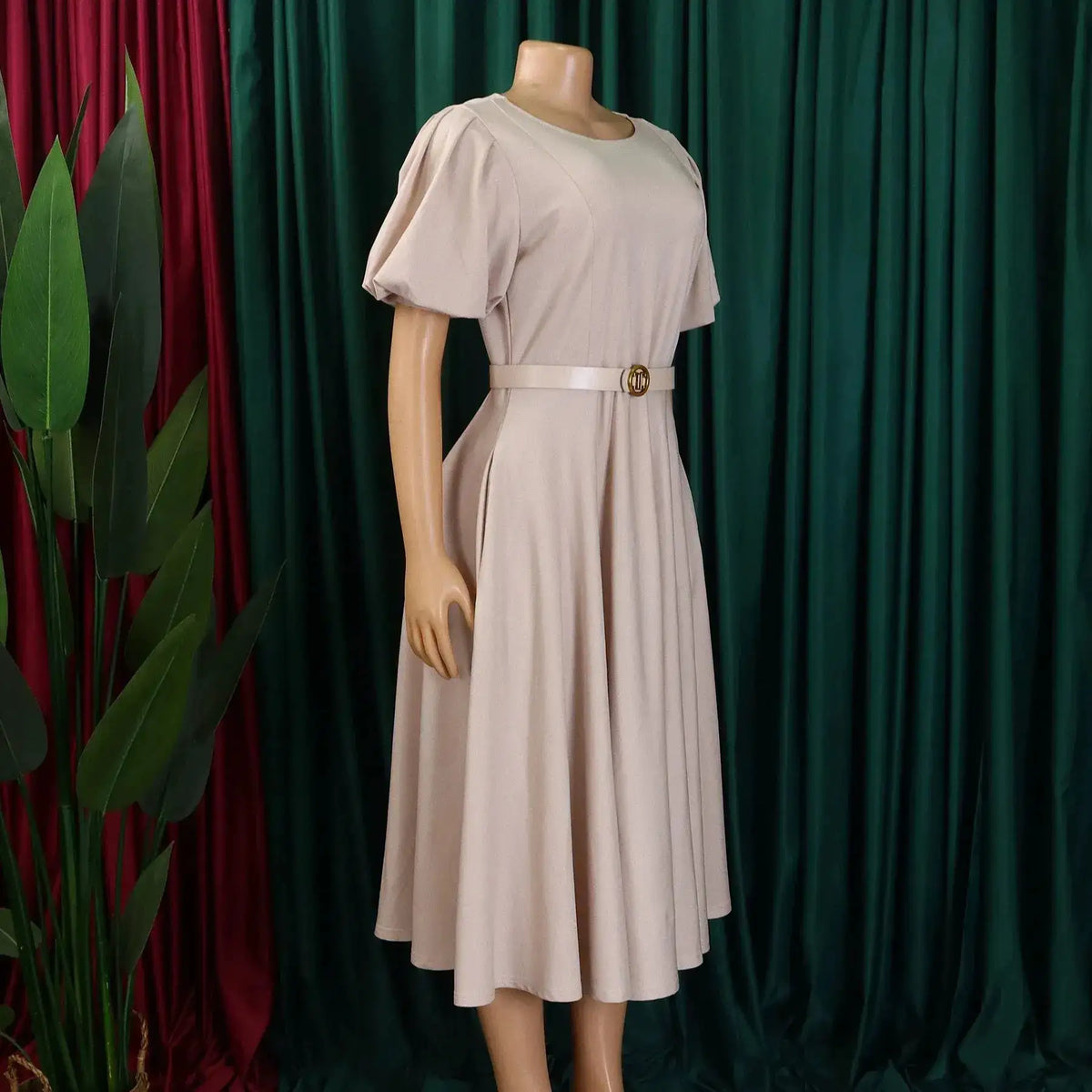 Elegant Office Dress for Women Professional O Neck Short Sleeve Belt Waisted A Line Mid Calf Formal Business Work Dress Midi New by Dropshipman