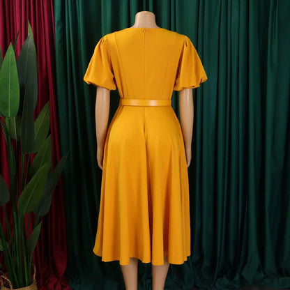 Elegant Office Dress for Women Professional O Neck Short Sleeve Belt Waisted A Line Mid Calf Formal Business Work Dress Midi New by Dropshipman