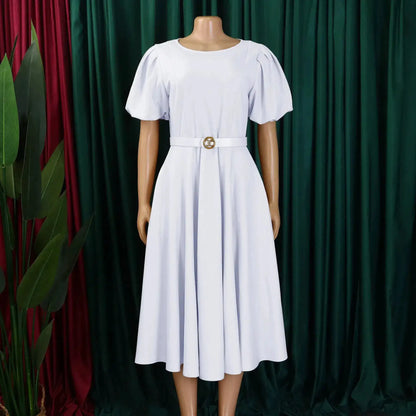 Elegant Office Dress for Women Professional O Neck Short Sleeve Belt Waisted A Line Mid Calf Formal Business Work Dress Midi New by Dropshipman