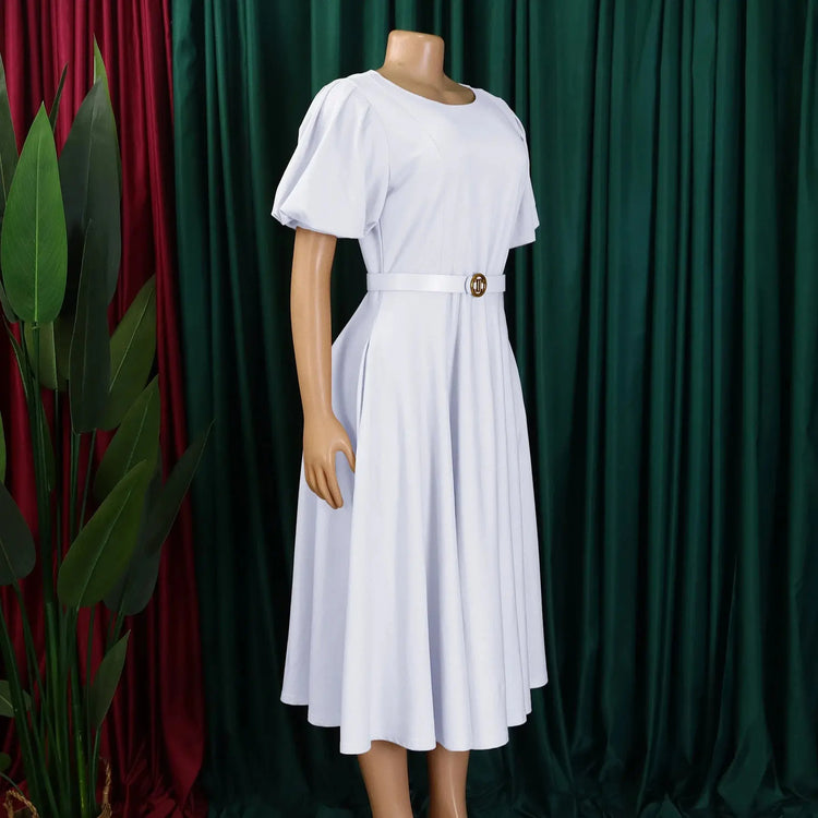 Elegant Office Dress for Women Professional O Neck Short Sleeve Belt Waisted A Line Mid Calf Formal Business Work Dress Midi New SHOPEZRA L.L.C.
