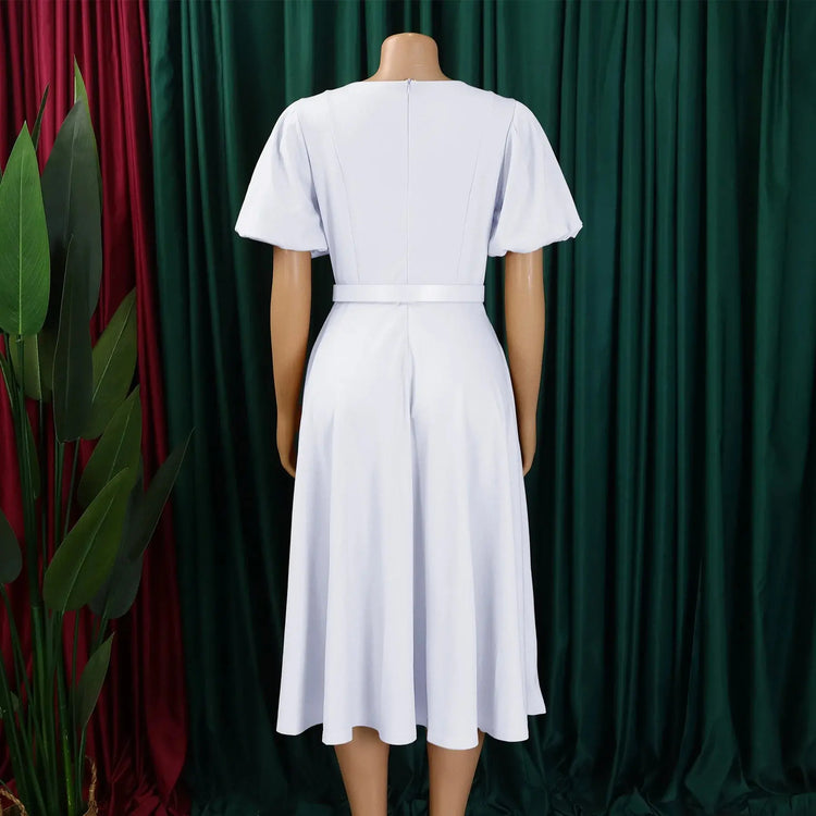 Elegant Office Dress for Women Professional O Neck Short Sleeve Belt Waisted A Line Mid Calf Formal Business Work Dress Midi New SHOPEZRA L.L.C.