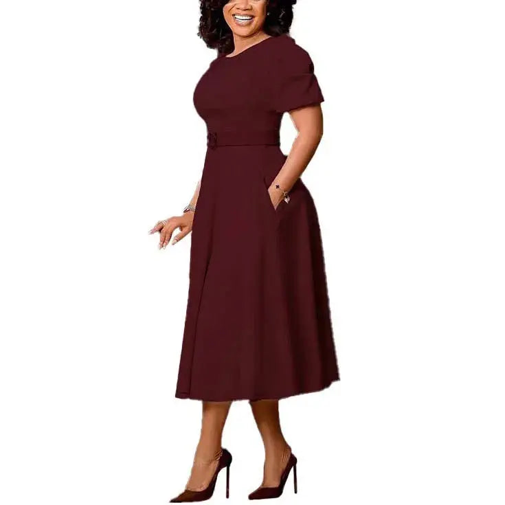 Elegant Office Dress for Women Professional O Neck Short Sleeve Belt Waisted A Line Mid Calf Formal Business Work Dress Midi New SHOPEZRA L.L.C.