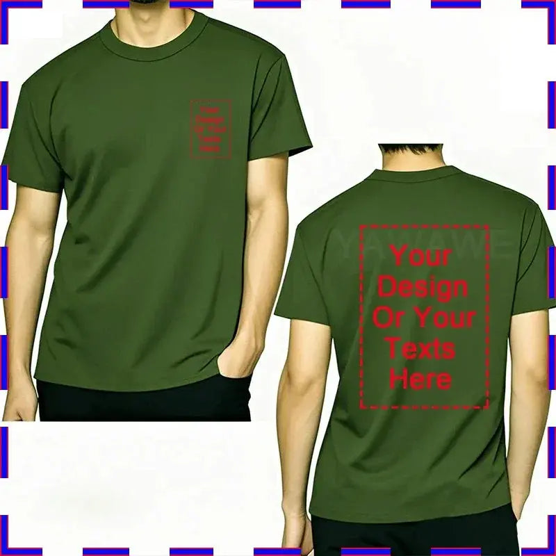 White men's oversized cotton T-shirt with O-neck, front and back views, featuring customizable text for summer fashion.