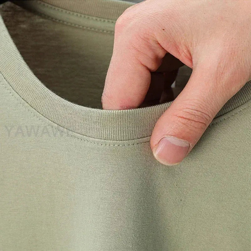 White men's customized T-shirt with O-neck, premium cotton fabric, front and back views, in 5XL size, casual summer fashion.
